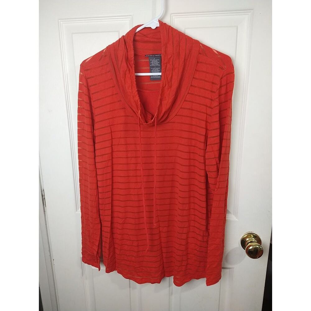Chelsea & Theodore Woman L Pullover Red Tank Lined Burnout Striped Long Sleeve